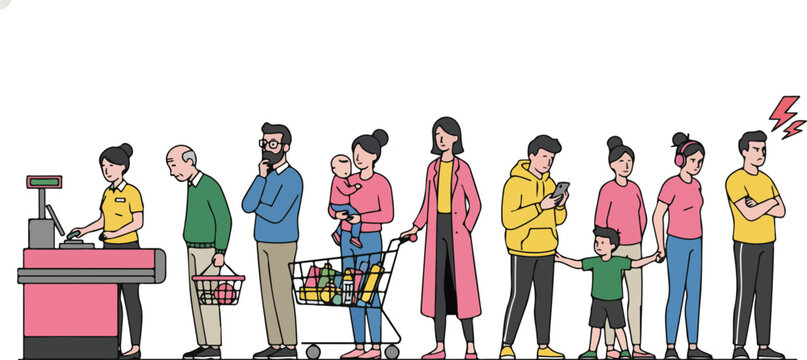 Diverse group of people waiting in a grocery store checkout line.