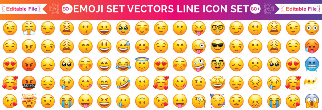 Set of yellow emoji and emoticon faces in vector graphic format on a transparent background. This collection represents a variety of emotions and expressions, perfect for digital designs. Vector icon.