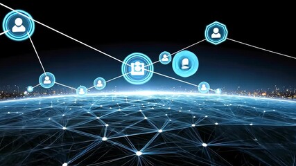 Circles display various connections above a digital landscape at night. Lines form a network of information exchange and interaction - Powered by Adobe