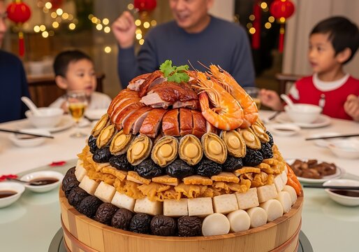 Hong Kong poon choi layered dish, festive family dinner.