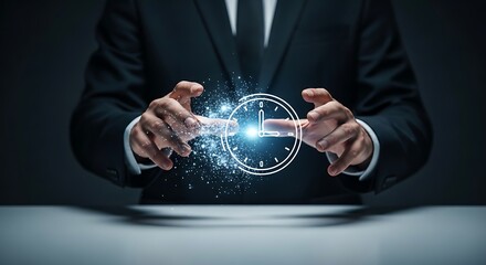 Businessman in a suit manipulating a glowing digital clock icon with sparkling energy effects emphasizing time management and scheduling concepts in a dark professional setting