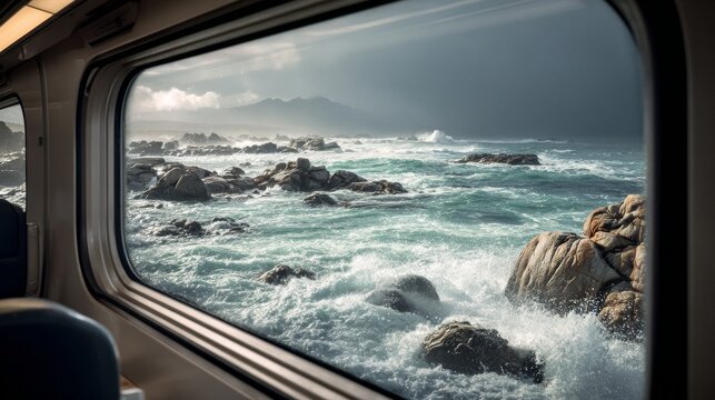 A train window frames a dramatic coastal scene. Rugged rocks clash with turbulent waves under a stormy sky, revealing a distant mountain range