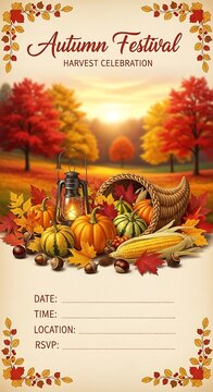 Festive autumn harvest invitation with seasonal elements and space for details.