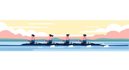 Four rowers in a boat on calm water at sunrise. © Abhinaya Project