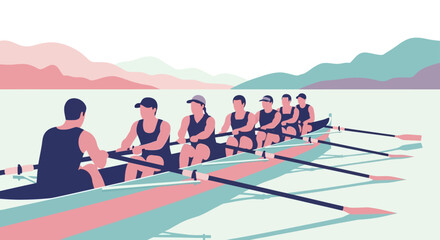 Team of rowers in synchronized motion on calm water with mountains in the background. © Abhinaya Project
