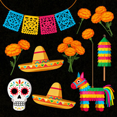 Mexican holiday elements flat illustration.