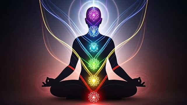 Silhouette of a Person Meditating in Yoga Pose with Seven Chakra Energy Points and Glowing Auras
