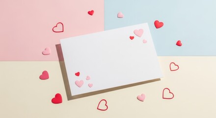 Valentine&rsquo;s Day greeting card mockup, heart decorations, pastel background, minimal style, copy space for text, commercial stock photo