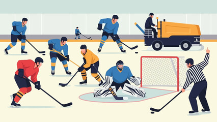 Ice Hockey Game with Players, Goalie, Referee, and Ice Resurfacer. © Abhinaya Project