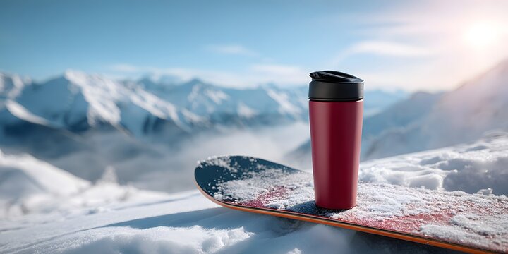 Red thermal mug standing on a snowboard with snowy mountains background, cozy winter outdoor adventure and mountain resort