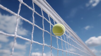 Yellow tennis ball caught in white net,blue sky white clouds,copy space,sports concept.banner.