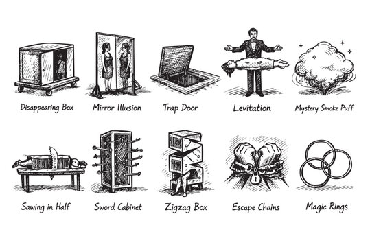 Black and white hand drawn style illustrations of classic magic tricks and illusions, perfect for illustrating magic, entertainment, and stagecraft related concepts.
