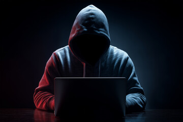 nonymous Hacker in Hooded Sweatshirt Using Laptop in Dark, Cybersecurity and Digital Threat Concept