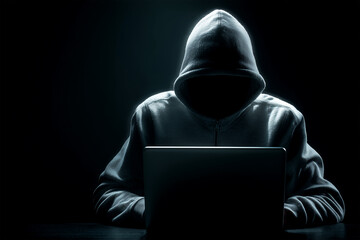 nonymous Hacker in Hooded Sweatshirt Using Laptop in Dark, Cybersecurity and Digital Threat Concept