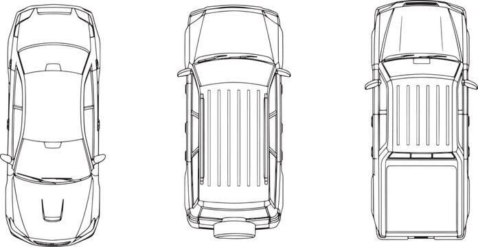 High-angle view showcases three detailed vehicles, a transport symbol of modern life. 