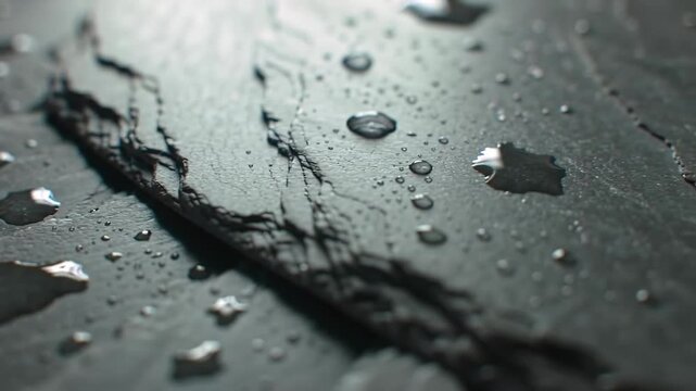 Close-up of water droplets on a textured dark gray slate surface.