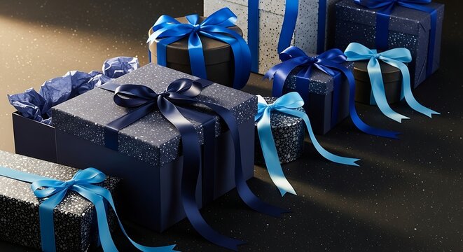 A collection of beautifully wrapped blue and silver gift boxes adorned with matching ribbons sits elegantly on a reflective surface