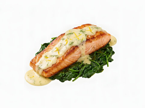Lachsfilet mit Spinat und Zitronensauce, auf wei&szlig;em Hintergrund