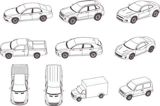 Collection of detailed vehicle line art, showcasing various car types and perspectives for design or automotive concepts.