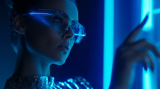 A futuristic woman wearing virtual reality glasses in a dark blue room with neon lights - Powered by Adobe