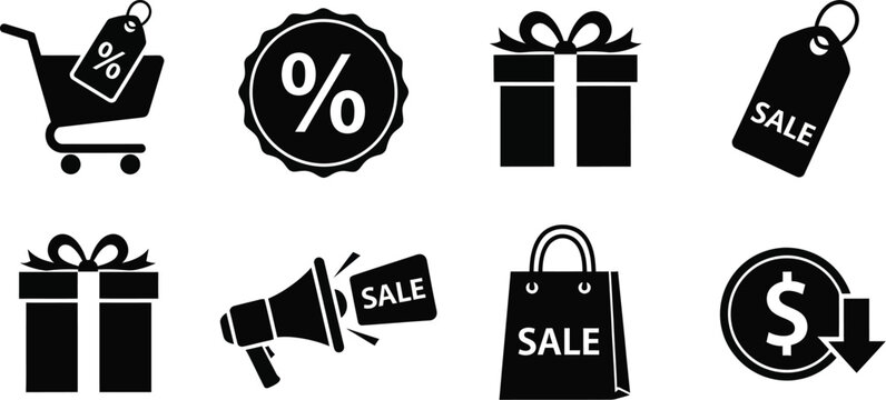 Black sale icons featuring shopping cart gift tag and megaphone on transparent background silhouette