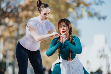 A woman in teal assists a friend with a balance stretch while the other stands nearby offering guidance. They practice a joint workout outdoors on a sunny day.