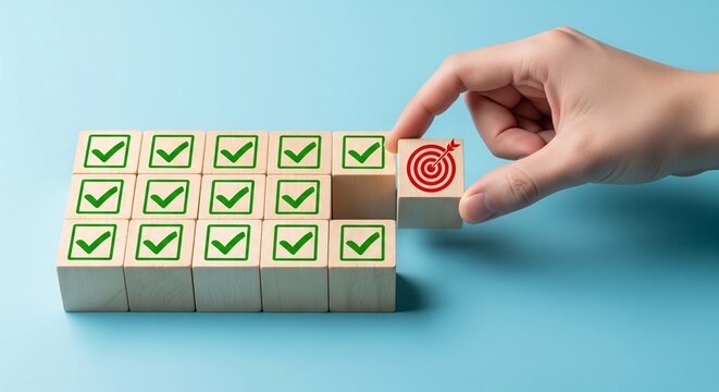 Hand placing target block next to completed task checklist wooden blocks
