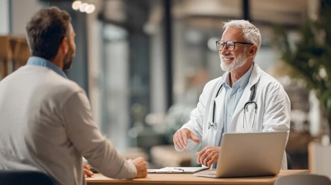 Smiling senior male doctor warmly conversing with a male patient during a medical consultation at a desk in a modern clinic, providing professional healthcare advice and support