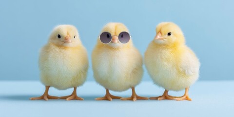 Fototapeta premium Three yellow chicks, wearing sunglasses, on blue