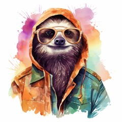 Obraz premium Sloth wearing a colorful hoodie and sunglasses poses playfully against a vibrant watercolor background