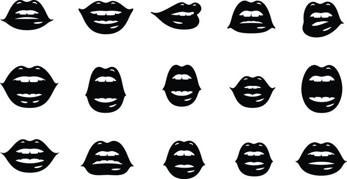 Various black lip shapes arranged in a grid on transparent background silhouette