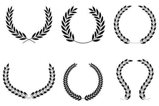 Circular laurel foliate vector icon set. Set of wreaths and branches with leaves. Circular foliate laurels branches icons set. Silhouette vintage collection. 