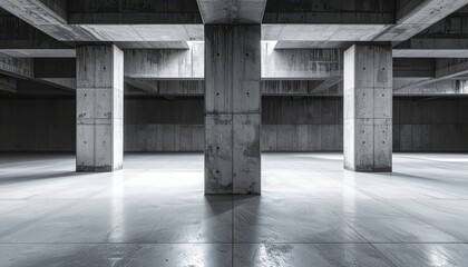 A stark concrete pillar supports an overhead structure within a minimalist, modern architectural space.
