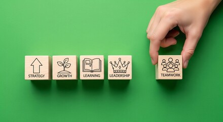 Wooden blocks representing strategy growth learning leadership and teamwork