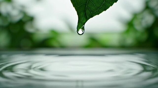 Close-up of a water droplet falling from a green leaf into a pond, creating ripples.