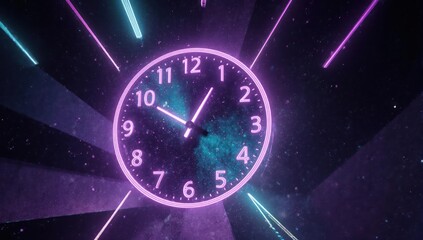 A neon clock radiates light against a dark cosmic backdrop