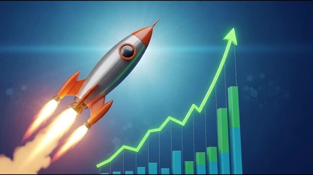 A silver rocket blasting off into the sky with a green upward trend graph in the background, symbolizing growth and progress