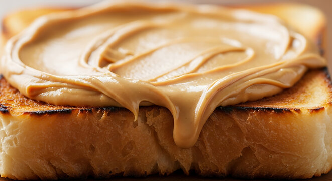 Close-up of a slice of golden brown toast generously spread with creamy, smooth peanut butter, slightly melted and dripping down the sides.