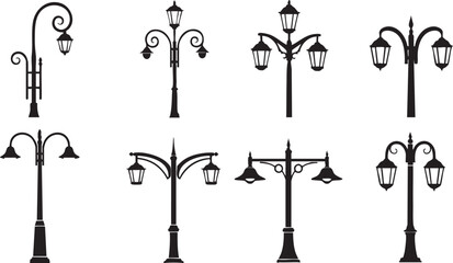 Urban Streetlamp Style Grid Silhouette &ndash; Bold Vector of Six Lighting Designs for Editorial & Infrastructure Design