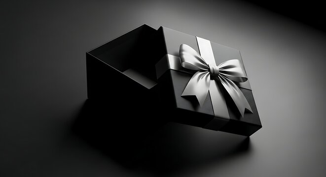An elegantly wrapped black gift box with a large silver ribbon bow sits on a dark surface creating a sophisticated and luxurious presentation