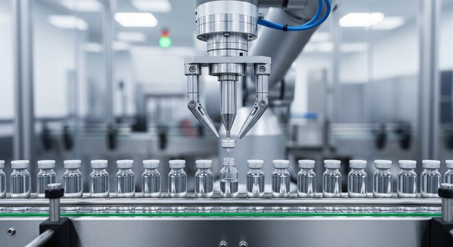 Automated robotic arm filling glass vials on a sterile pharmaceutical production line