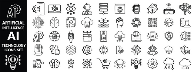 Artificial intelligence set of web icons in line style. AI technology icons for web and mobile app. Machine learning, digital AI technology, algorithm, smart robotic, cloud computing network. icon set