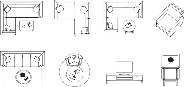 Diverse perspective of a sleek, minimalist living space, showcasing modern interior design elements and arrangements with detailed floor plans. 