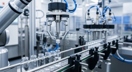 Obraz premium Automated robotic arm filling small glass bottles on a conveyor belt in a clean factory