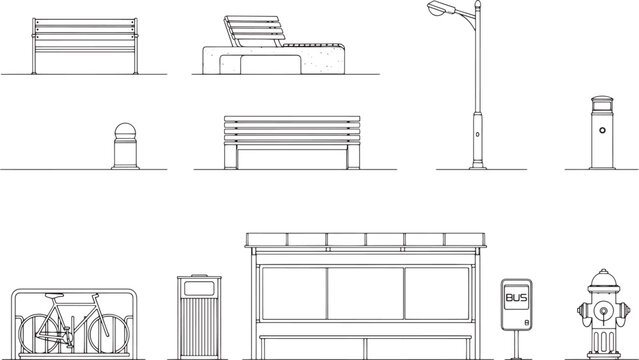 Line art depicting essential urban and outdoor elements, offering a clear and concise presentation. 