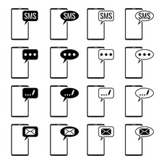Smartphone message and notification icon set isolated on white. Mobile SMS, Email, and chat bubble vector icons for mobile app interface design, website contact pages, and digital marketing materials