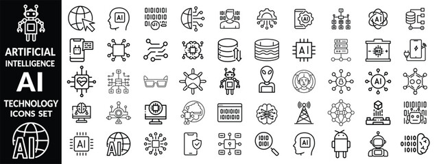 Artificial intelligence set of web icons in line style. AI technology icons for web and mobile app. Machine learning, digital AI technology, algorithm, smart robotic, cloud computing network. icon set
