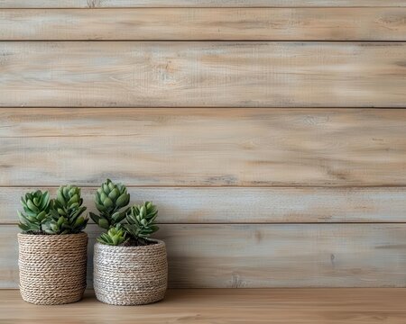 Wooden wall with handmade decor, driftwood hooks, and vintage planters