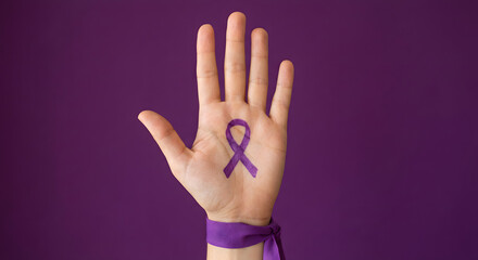 Raised Hand With Purple Awareness Ribbon Symbolizing Support Against Domestic Violence.