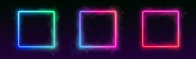 Futuristic neon square and circle frames with glowing gradient edges. Transparent background ideal for UI, banners, and digital interface accents. Perfect PNG for modern tech design. © Vitalii
